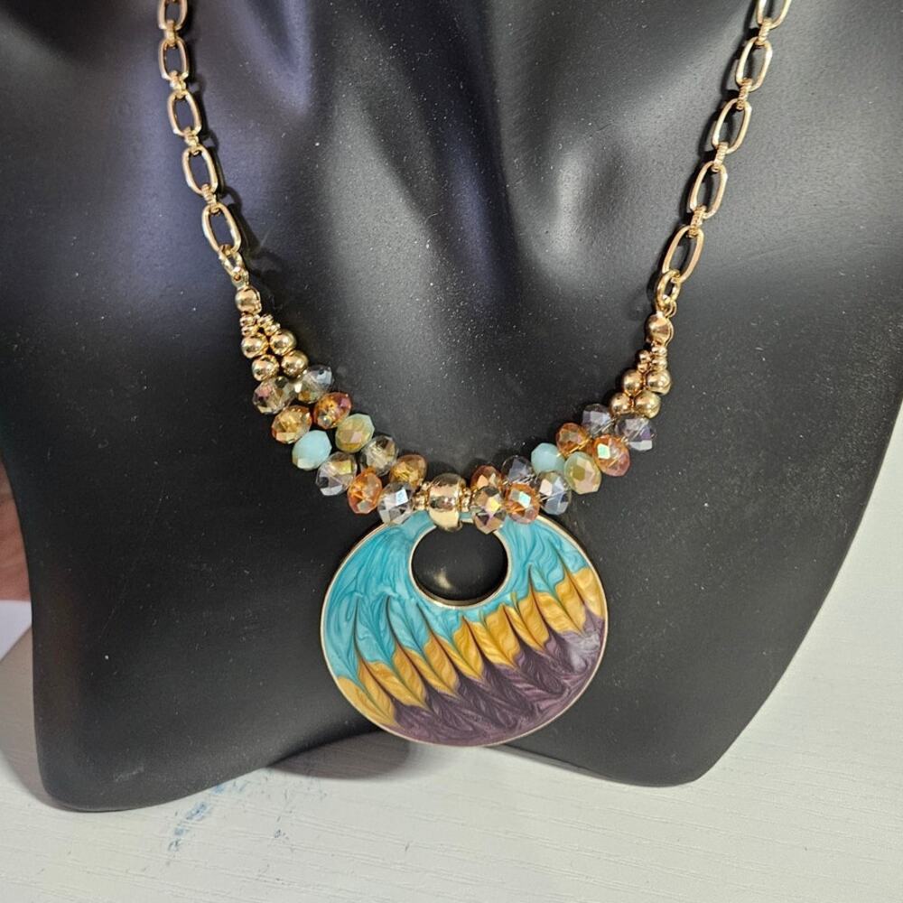 RSVP Multicolor Boho Pendant Beaded Gold Tone Necklace NWT Deadstock